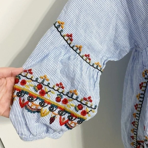 Zara Blue and White Striped Embroidered Shirt Dress with Pockets - Picture 4 of 13